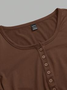 SHEIN EZwear Áo thun dài tay cổ chữ V dệt kim 3 màu cơ bản dành cho nữ - màu nâu - Xem 6