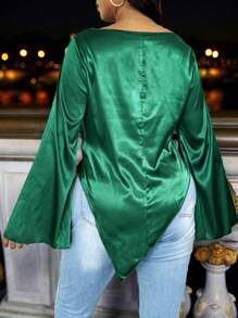 SHEIN Unity Plus Size Women Elegant Solid Color Draped Collar Flared Cuff Asymmetric Hem Blouse, Autumn - Dark Green - View 5