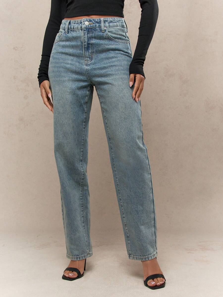 MISSGUIDED Mid Rise Light Blue Mom Jeans Classic Vintage Washed Regular Length Straight Leg Casual Autumn Winter Retro Style Street Fashion - Blue - View 1