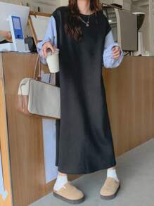 DAZY 女士秋季长袖衬衫拼布运动衫中长连衣裙，秋季女装