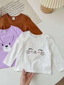 SHEIN LMoss Kids Conjunto de 3 piezas de tops de manga larga con patrón de dibujos animados lindos para bebés niñas, para otoño/invierno - Multicolor - Ver 4