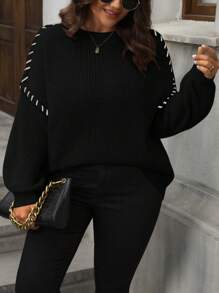 SHEIN LUNE 大码女式休闲撞色拼接落肩宽松罗纹针织套头毛衣，适合冬季和秋季穿着 - 黑色 - 查看 1