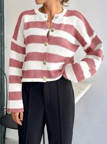 EURMUSE 女士条纹圆领前扣开衫 - 彩色 - 查看 5