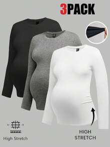 Modmama 3pcs/Set Casual Crew Neck Long Sleeve Slim Fit Maternity T-Shirts