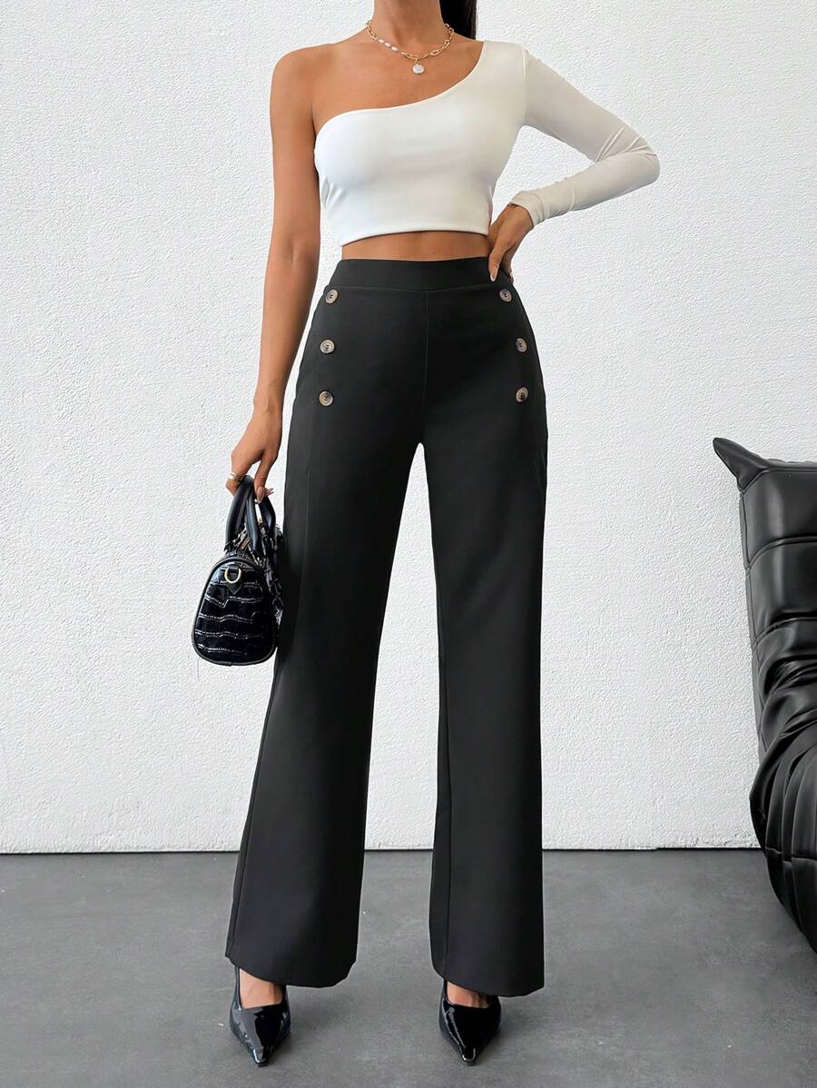 EURMUSE Women's Solid Front Button Detailed Pants - Black - View 1