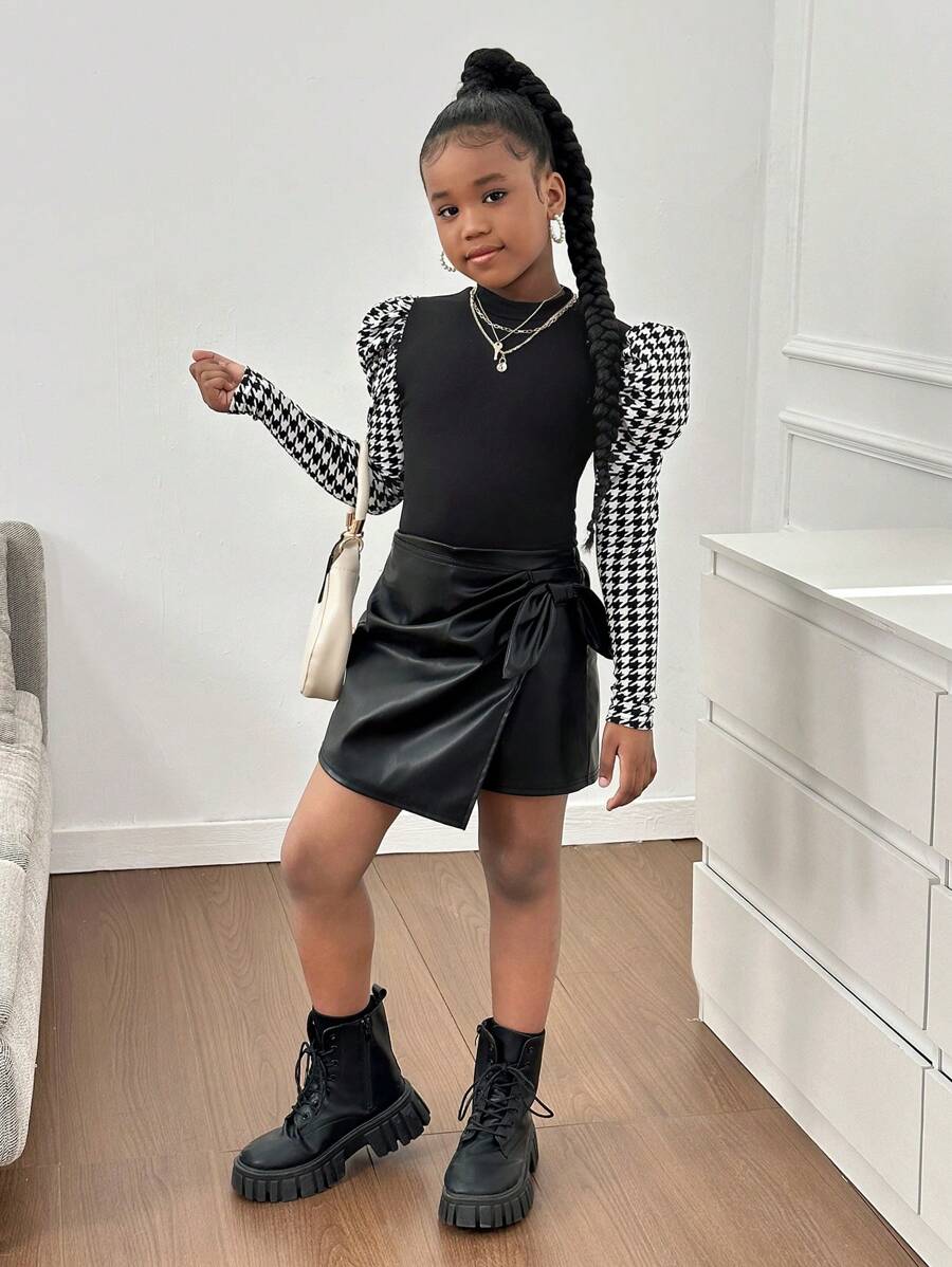 SHEIN Tween Girl Casual Elegant Houndstooth Patchwork Stand Collar Bishop Sleeve Top & PU Skort 2-Piece Set