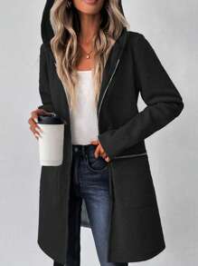 SHEIN LUNE Chaqueta de sudadera de mangas largas con capucha, cuello caído, con cremallera, de longitud media, para mujer, de estilo informal, para otoño