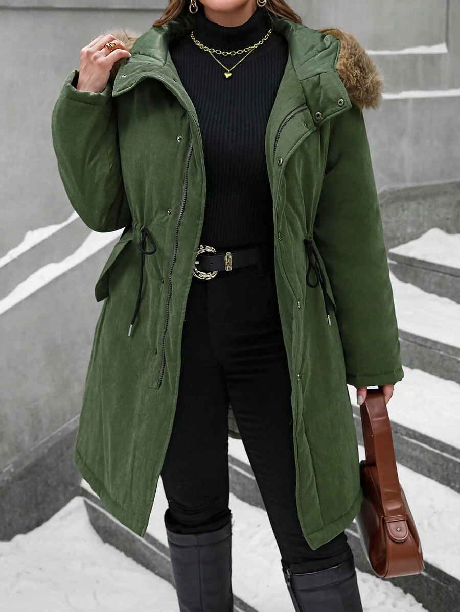 SHEIN LUNE Áo khoác có mũ trùm đầu chắp vá cỡ lớn dài tay có đệm thường ngày mùa đông - xanh quân đội - Xem 1