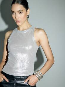 AiiRZ Metallic Sleeveless Tank Top Racerback Form Fitting Club Party Festival Evening Shine Top Glam Night Out Shimmer Party Wear Holiday Season Vest