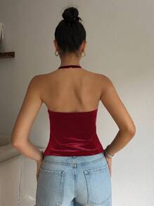SHEIN EZwear Burgundy Velvet Knit Turtleneck Sleeveless Top For Women