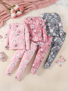 3 Stücke Mädchen Set mit Langarm-Oberteil mit Hase- und Blumenprint und Leggings, enge Passform, lässig und modisch