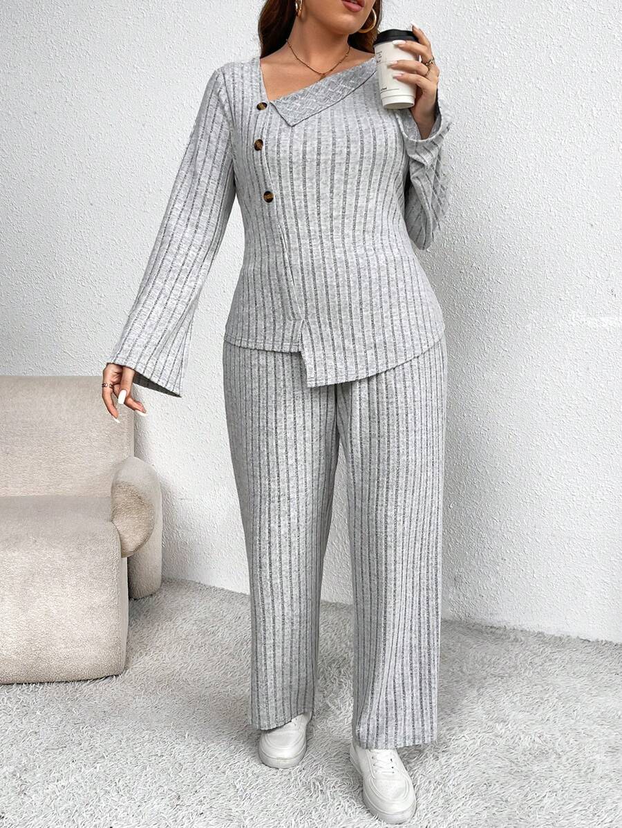 SHEIN LUNE Bộ 2 món/Bộ đồ nữ cỡ lớn màu trơn cổ áo bất đối xứng dài tay cài nút đơn & quần âu, mùa thu - Xám - Xem 1