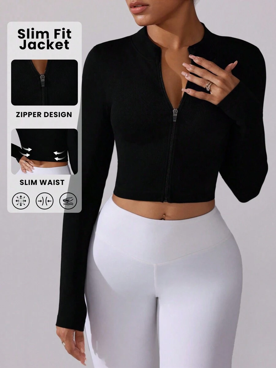 SHEIN Sports 正面全拉链纯色长袖休闲运动夹克，无缝设计 - 黑色 - 查看 1