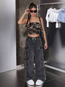 SHEIN Quần jeans ống rộng cạp thấp xếp ly, kiểu cargo, phong cách Y2K dành cho nữ tuổi teen, chất liệu wash đá, có túi nắp, thích hợp cho thời trang đường phố thu đông. - màu đen - Xem 4