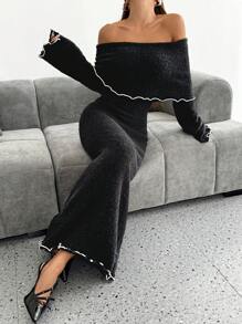 Chiquease 女式露肩珍珠纹理喇叭袖紧身毛衣连衣裙