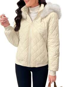 SHEIN LUNE 1 件女式休闲毛绒装饰连帽加厚棉服外套，宽松版型，冬季服装保暖 - 杏色 - 查看 3