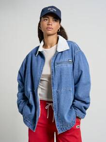 AiiRZ Veste en jean façon survêtement avec col en sherpa, style décontracté pour l'hiver et l'automne. Coupe boyfriend avec poches, style utilitaire et look de rue
