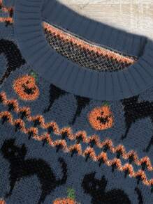 Chiquease New Arrival Retro Elegant Crew Neck Halloween Pumpkin Pattern Long Sleeve Knitted Sweater Fall Winter - Navy Blue - View 3