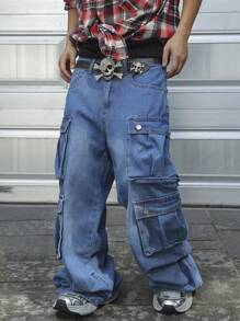 Manfinity EMRG Men's Casual Loose Fit Multi-Pocket Cargo Denim Jeans, Suitable For Spring And Autumn - Medium Wash - View 1