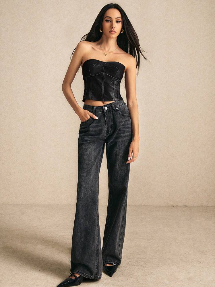 Poéselle Áo Bustier giả da dành cho nữ, áo corset cắt ngắn theo phong cách phục hưng thập niên 90 có khóa kéo phía sau, hoàn hảo cho các bữa tiệc mùa thu, Halloween và thời trang thu đa năng, kết hợp nét quyến rũ cổ điển với phong cách hiện đại trong tông màu rực rỡ. - màu đen - Xem 1