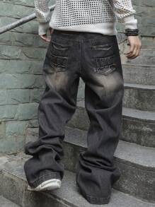 Manfinity Roghcode Quần Jeans Ống Rộng Dáng Rộng Phong Cách Đường Phố Thời Trang Cho Nam, Không Có Dây Xích, Quần Jeans Cargo Màu Xám Đậm, Dài Trơn, Rộng Rãi, Dành Cho Chồng, Quà Tặng Bạn Trai - Xám - Xem 2