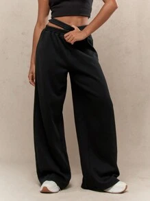 MISSGUIDED Athletic Jogger Sweatpants Wide Leg Palazzo Style Double Waistband Workout Lounge Pants Athleisure Fall Winter Bottoms - Black - View 1