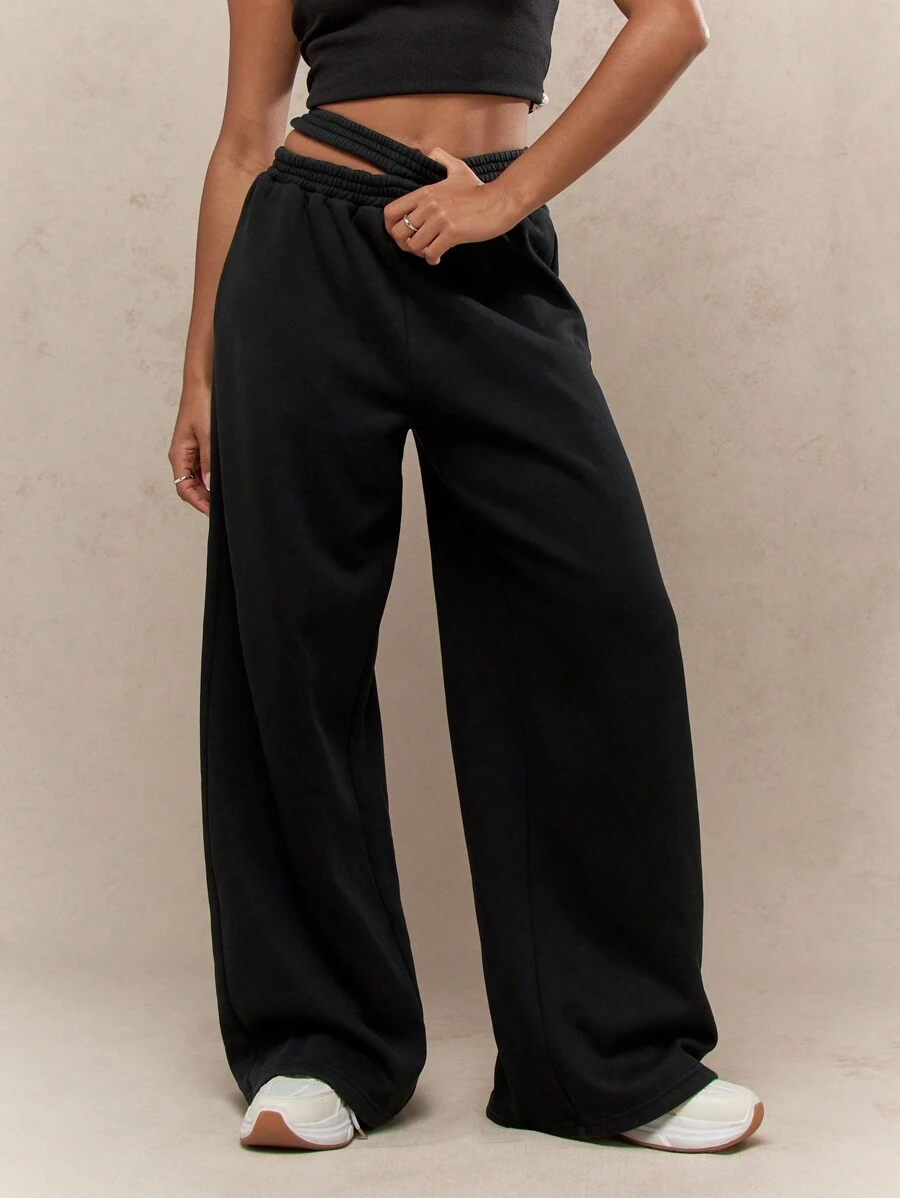 MISSGUIDED Athletic Jogger Sweatpants Wide Leg Palazzo Style Double Waistband Workout Lounge Pants Athleisure Fall Winter Bottoms - Black - View 1