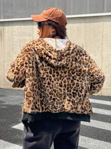 CovetEZ Áo khoác trùm đầu họa tiết da báo cổ điển lót nhiệt cỡ lớn có thể đảo ngược, mùa thu và đông - màu nâu - Xem 2