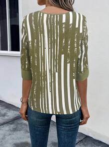 SHEIN LUNE Women Casual Contrast Color Notched Neck Blouse, Suitable For Autumn - Army Green - View 2