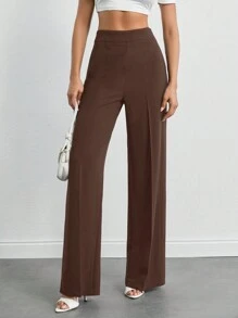 SHEIN Tall Pantaloni casual de damă, cu talie înaltă, de culoare uni, cu picioare largi, lungime întreagă - Maro - Vizualizare 4