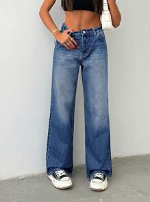 Cottnline 100% Cotton WOMEN WIDE LEG BELTED MID WAIST JEANS - Medium Wash - View 6