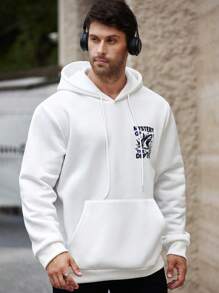 ResortEase 大码男士休闲鲨鱼字母印花保暖内衬连帽衫，适合秋冬季