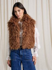 AiiRZ Luxury Faux Fur Shaggy Cropped Vest Sleeveless Plush Gilet Autumn Winter Fashion Stand Collar Outerwear Layering Piece Retro Boho Festival Statement - Brown - View 4