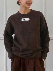 DAZY 宽松字母提花圆领针织毛衣，秋季女装 - 棕色 - 查看 5