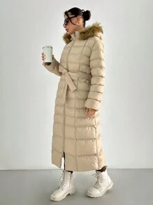 EURMUSE Rust Brown Long Winter Coat With Fur Detail - Beige - View 5
