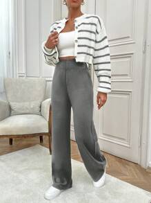 RueChic Women Stripe Patten Front Button Cardigan & Sweater Pants Set - Dark Grey - View 5