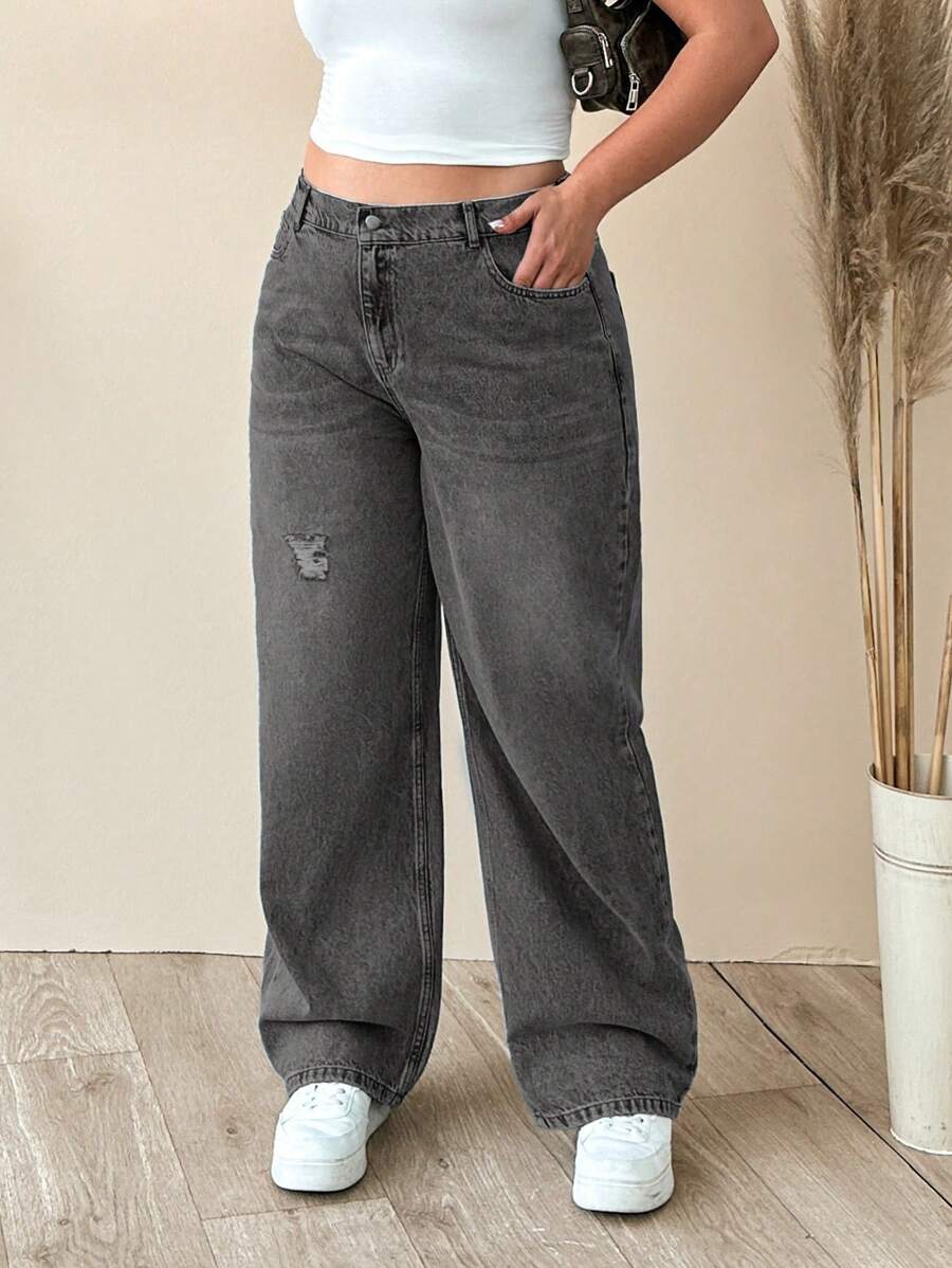SHEIN Cottnline سروال جينز بخصر مطاطي قياس كبير 100% قطن للنساء لون أزرق متوسط ساق مستقيمة - رمادي غامق - مشاهدة 1