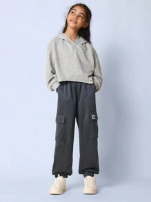 SUMWON Athletic Cargo Jogger Pants Cozy Fleece Wear Sporty Streetwear With Side Pockets Elastic Ankle Winter Fall Youth Activewear - Dark Grey - View 3