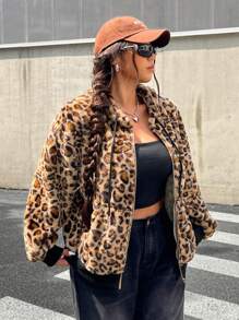 CovetEZ Áo khoác trùm đầu họa tiết da báo cổ điển lót nhiệt cỡ lớn có thể đảo ngược, mùa thu và đông - màu nâu - Xem 8
