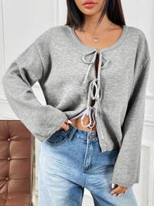 SHEIN EZwear Casual Colorblock Black & White Striped Lace-Up Sweater, Autumn/Winter Knotted Long Sleeve Cardigan, Commute, Minimalist, Office Wear, Old Money, Simple, Women's Tie Front Belt Solid Color Knitwear Sweater Cardigan, Can Be Worn Over A T-Shirt,Long Sleeve Tops,Tops For School In Fall/Winter - Grey - View 4