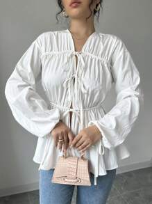 Chiquease 女士纯色灯笼袖前系带宽松白色休闲衬衫，春夏 - 彩色 - 查看 5
