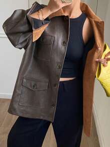 DAZY PU覆膜保暖内衬宽松长袖前开襟常规款女式夹克，秋季女装外套