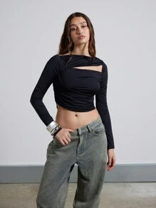 AiiRZ Draped Layered Cut-Out Asymmetrical Neckline Long Sleeve Cropped Top - Black - View 1