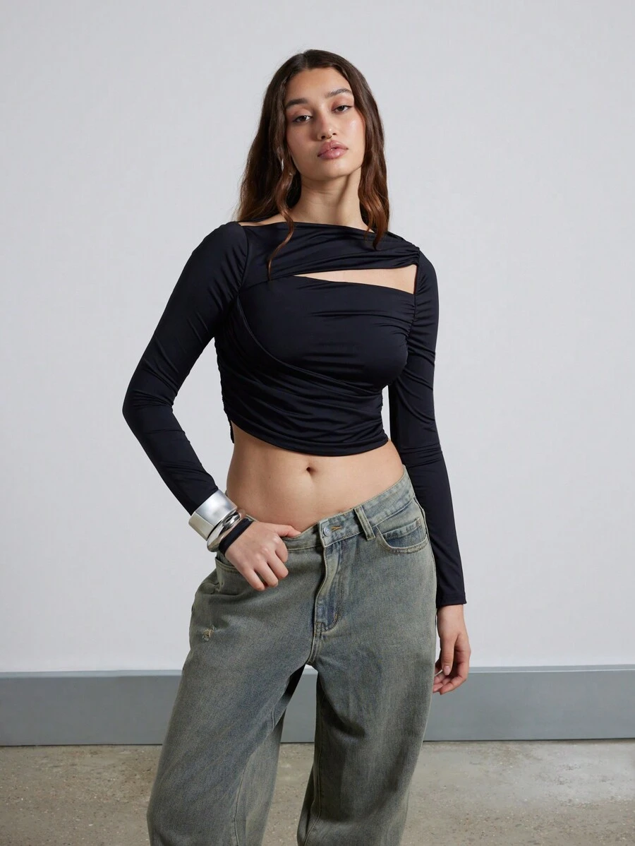 AiiRZ Draped Layered Cut-Out Asymmetrical Neckline Long Sleeve Cropped Top - Black - View 1