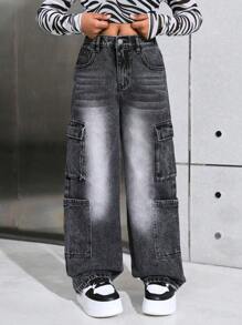 SHEIN Tween Girls' Y2K Grey Washed Multi Pocket Straight Leg Cargo Jeans,Girls Winter Clothes Cargo Pants Streetwear Outfits - Dark Grey - View 4