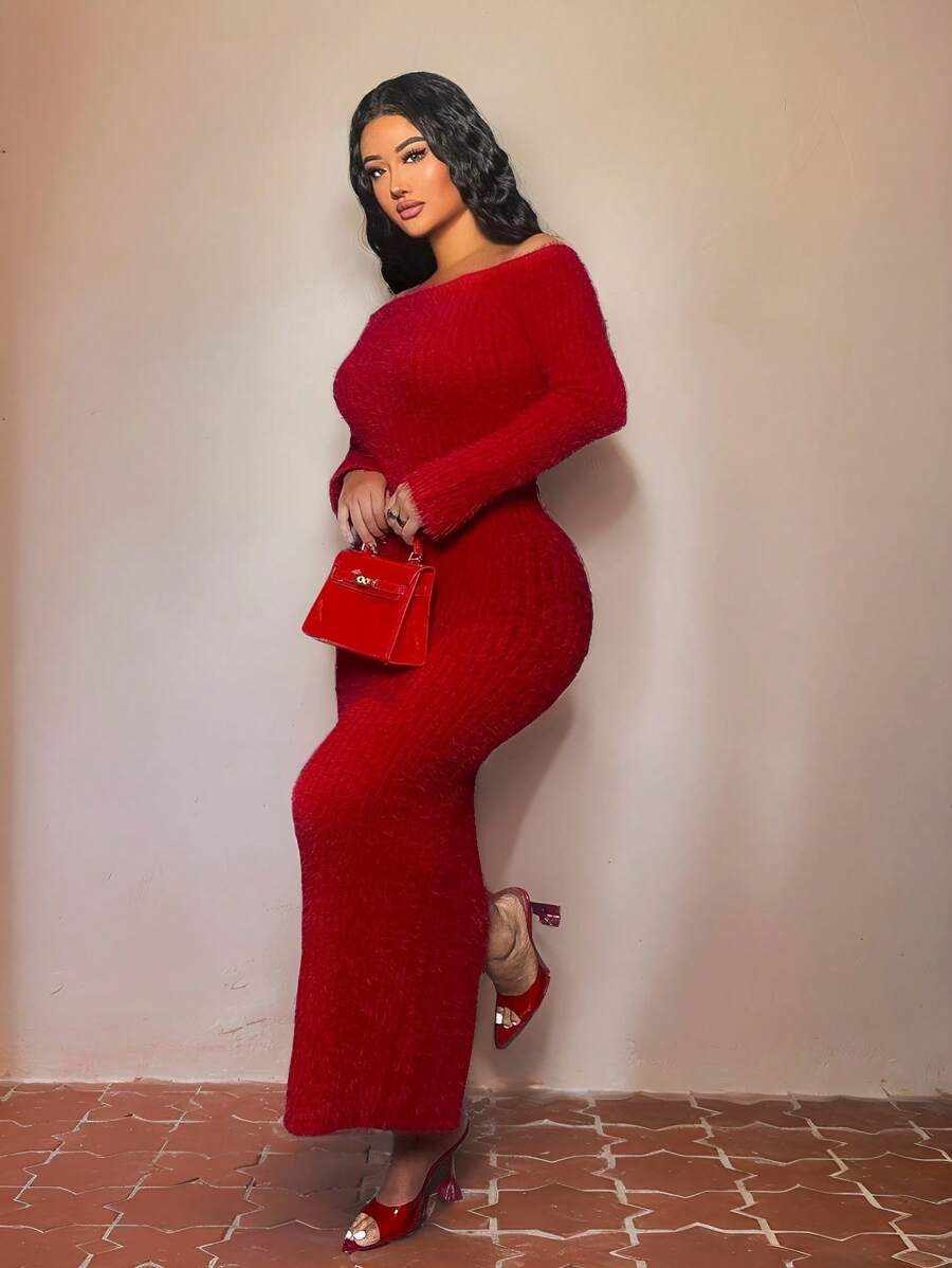 Zolique Women's Elegant Red Sweater Dress,Autumn Off Shoulder Long Sleeve Knitted Woolen Long Dress, Slim Fit Split Night Out Party Clothing - Red - View 1