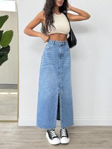 EURMUSE WOMEN LONG SLAH DETAIL DENIM SKIRT - Medium Wash - View 5