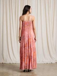 AiiRZ Vestido largo con estampado bohemio, tirantes de espagueti, sin mangas, detalle de volantes y nudo delantero