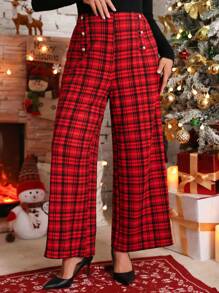 SHEIN LUNE Quần ống rộng in họa tiết kẻ caro cổ điển thường ngày cỡ lớn cho quần áo năm mới - Đỏ - Xem 4