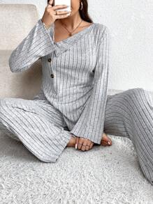 SHEIN LUNE Bộ 2 món/Bộ đồ nữ cỡ lớn màu trơn cổ áo bất đối xứng dài tay cài nút đơn & quần âu, mùa thu - Xám - Xem 4